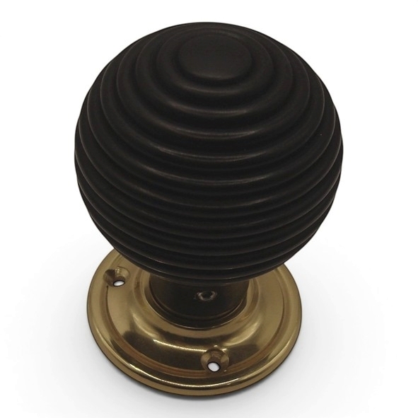 PDF1016P2/PB  Ebonised / Polished Brass  Period Timber Round Beehive Mortice / Rim Knob Set With Classic Roses